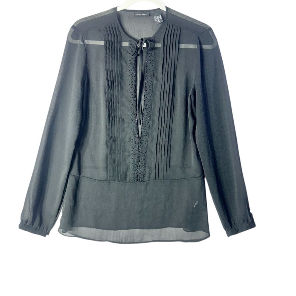 New York & Company Black Sheer Pintuck Tie Neck Blouse Sz 6